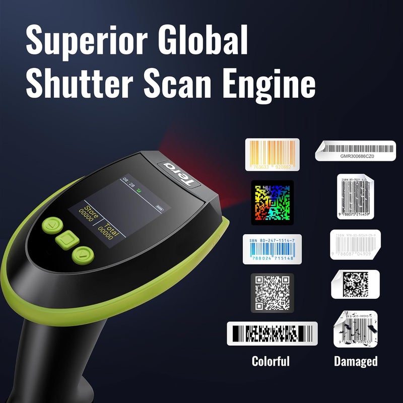 Tera Barcode Scanner Wireless with Screen: Pro Version 1D 2D QR with Setting Keypad Charging Cradle Works with Bluetooth 2.4G Wireless USB Wired Handheld Bar Code Reader HW0009 Green - Image 4